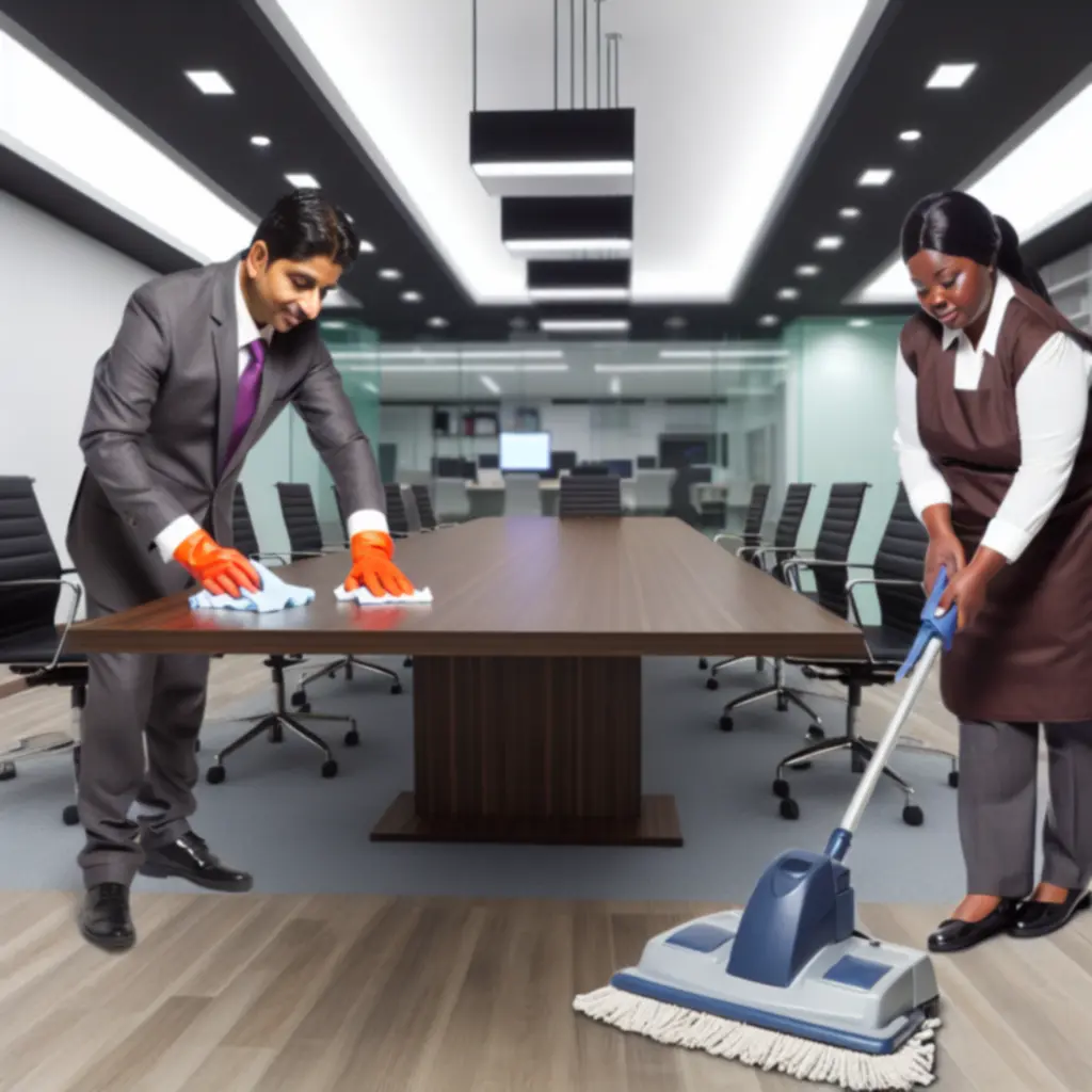 Zespół profesjonalnych pracowników serwisu sprzątającego w trakcie pracy w biurze