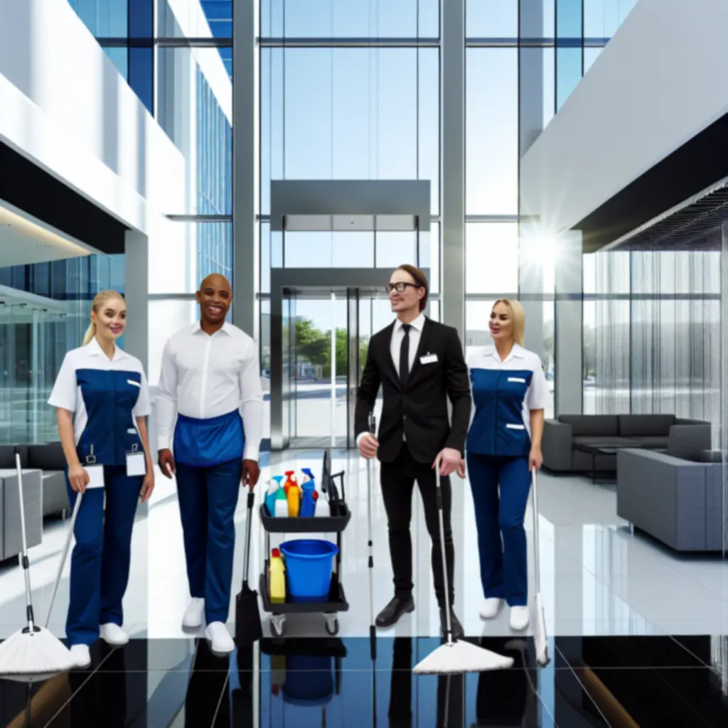 Zespół CityCleaningPro przygotowujący się do realizacji zlecenia sprzątania w obiekcie klienta