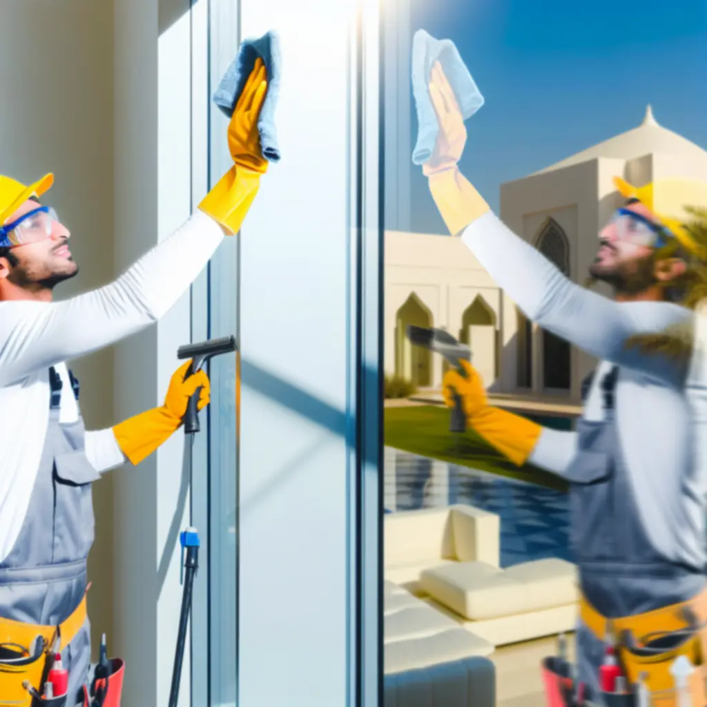 Specjalista CityCleaningPro myjący okna w biurowcu